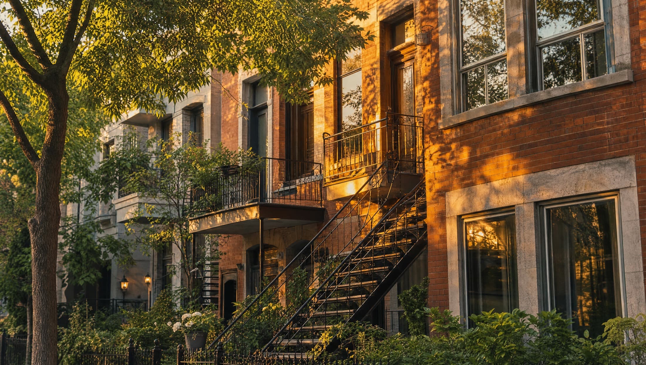 Warm evening light on a Montréal brick plex with an iron staircase and green trees