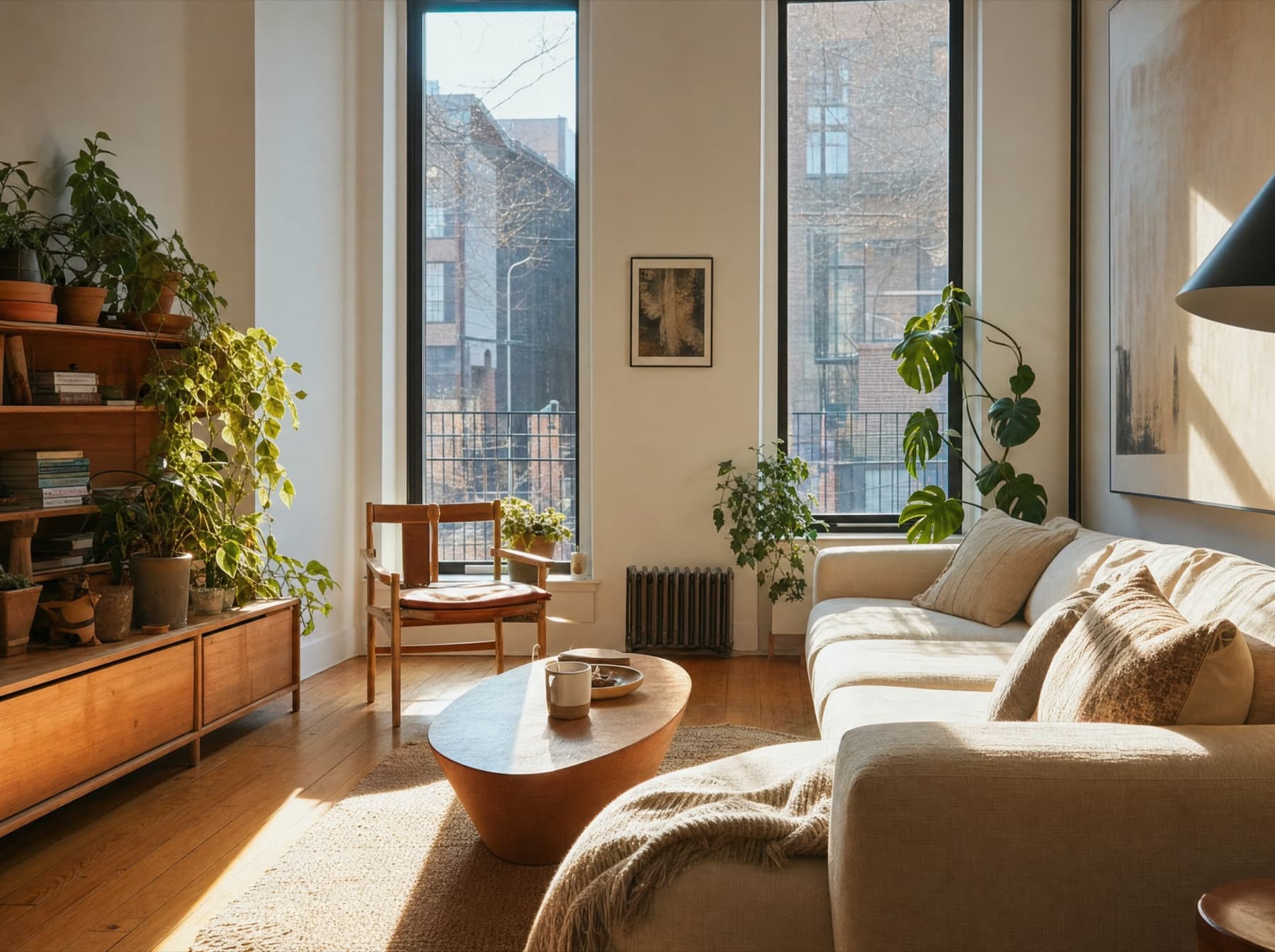 Bright renovated apartment living room with warm wood floors